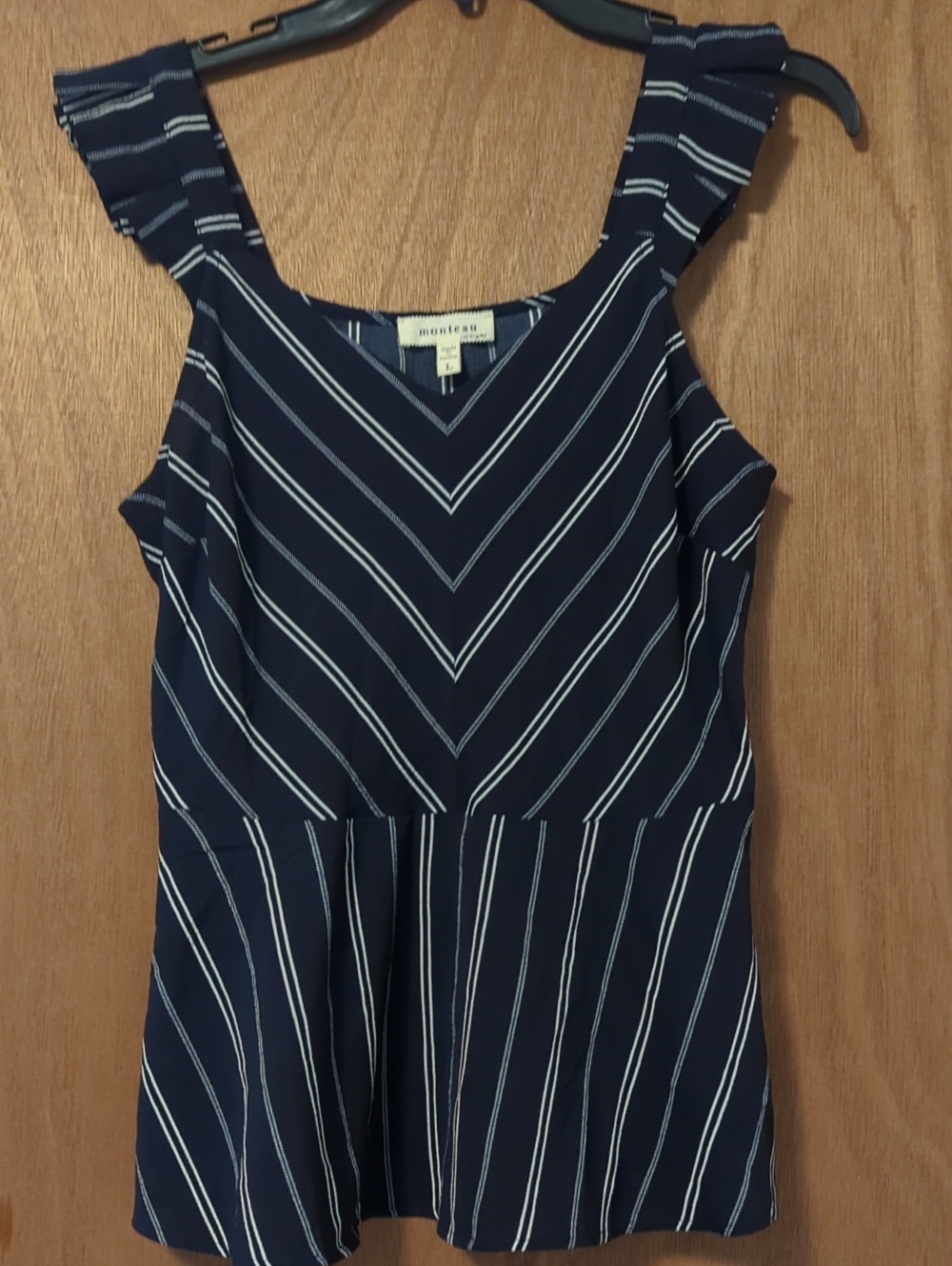 Monteau Navy and White Striped Ruffle Strap Tank Top